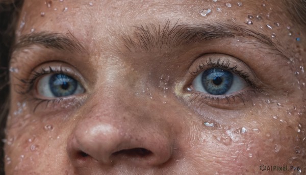 solo,looking at viewer,blue eyes,brown hair,1boy,male focus,water,eyelashes,portrait,close-up,reflection,water drop,realistic,eye focus,1girl,parted lips,freckles