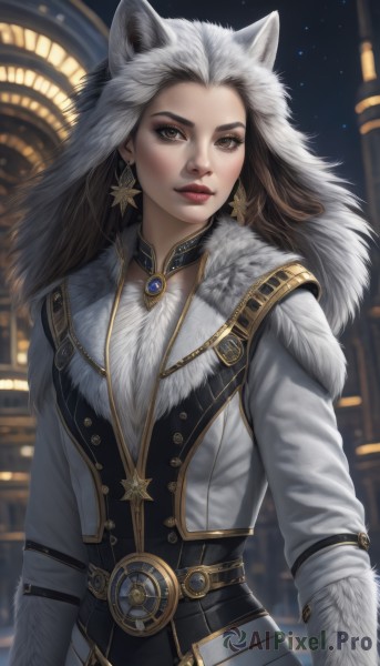 1girl,solo,long hair,breasts,looking at viewer,brown hair,long sleeves,animal ears,brown eyes,jewelry,closed mouth,upper body,earrings,choker,belt,artist name,hood,star (symbol),blurry,lips,coat,fur trim,makeup,night,blurry background,lipstick,brooch,buckle,fur collar,animal hood,realistic,nose,white coat,red lips,star earrings,black hair,cowboy shot,sky,necklace,watermark,wolf ears,gem,star (sky),night sky,starry sky,backlighting