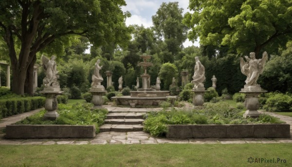 outdoors,sky,day,cloud,tree,blue sky,no humans,grass,plant,nature,scenery,forest,stairs,bush,pillar,statue,shrine,path,stone lantern,stone stairs,traditional media,cloudy sky,realistic