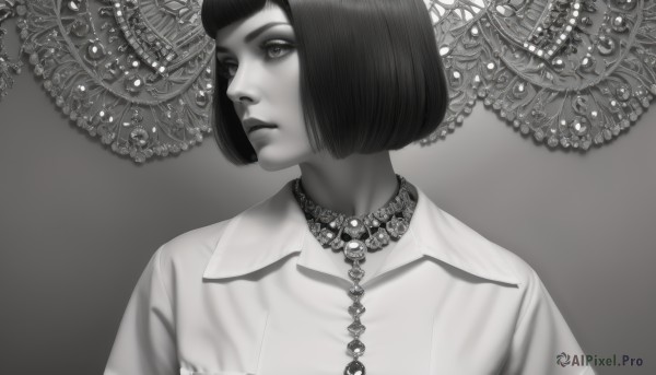 1girl,solo,short hair,bangs,shirt,jewelry,closed mouth,monochrome,upper body,greyscale,collared shirt,blunt bangs,grey background,necklace,lips,looking to the side,eyelashes,dress shirt,makeup,looking away,bob cut,realistic,nose,1boy,male focus,collar,gradient,gradient background,expressionless,gem