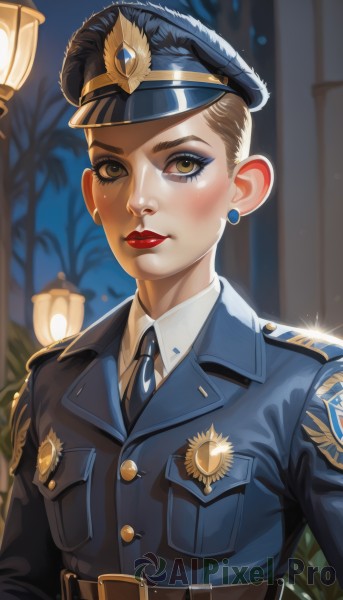 1girl,solo,looking at viewer,blush,short hair,brown hair,shirt,hat,brown eyes,jewelry,closed mouth,jacket,white shirt,upper body,earrings,outdoors,necktie,collared shirt,belt,uniform,lips,eyelashes,makeup,night,lipstick,blue jacket,black necktie,blue headwear,military hat,blue necktie,red lips,stud earrings,badge,police,lamppost,police uniform,policewoman,police hat,blonde hair,official alternate costume,military,military uniform,peaked cap,eyeshadow,nose