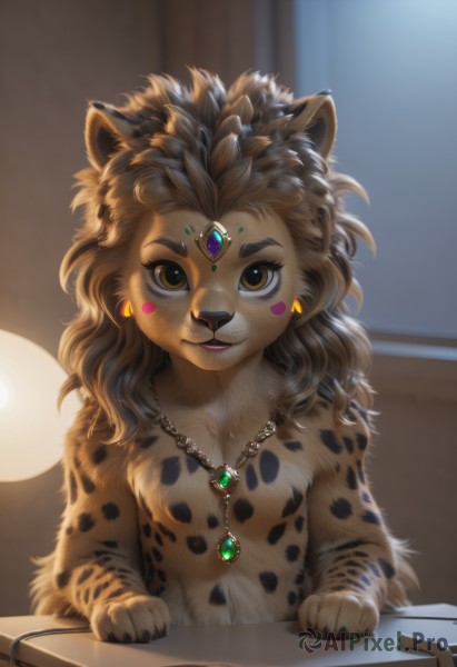 1girl,solo,long hair,looking at viewer,smile,brown hair,animal ears,brown eyes,jewelry,sitting,upper body,earrings,parted lips,artist name,indoors,necklace,blurry,blurry background,animal,blush stickers,table,messy hair,gem,furry,freckles,circlet,furry female,body fur,straight-on,animal nose,snout,brown fur,yellow eyes,lips,window,watermark,lamp,leopard print