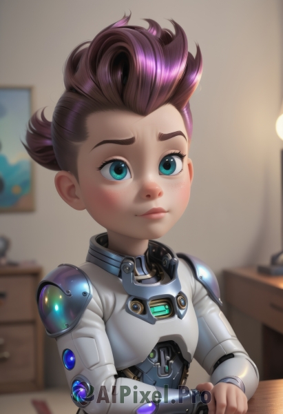 1girl,solo,looking at viewer,blush,smile,short hair,blue eyes,brown hair,1boy,closed mouth,upper body,purple hair,multicolored hair,shiny,indoors,armor,blurry,aqua eyes,lips,blurry background,child,freckles,male child,cyborg,artist name,bodysuit,aged down,nose,lamp,undercut,mohawk