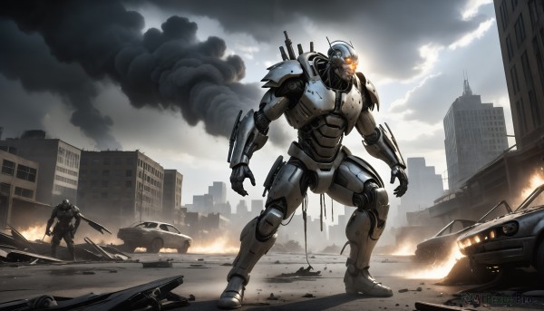 HQ,standing,weapon,outdoors,multiple boys,sky,cloud,2boys,armor,gun,military,glowing,helmet,cloudy sky,fire,robot,ground vehicle,building,mecha,glowing eyes,motor vehicle,smoke,science fiction,city,realistic,military vehicle,car,ruins,damaged,skyscraper,power armor,destruction,truck,helicopter,signature,holding weapon,holding gun,rifle,assault rifle,giant,explosion,tank,soldier,dust