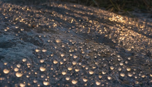 outdoors,water,blurry,tree,no humans,night,depth of field,leaf,nature,scenery,reflection,light,bokeh,from above,traditional media,road,dark,stone floor