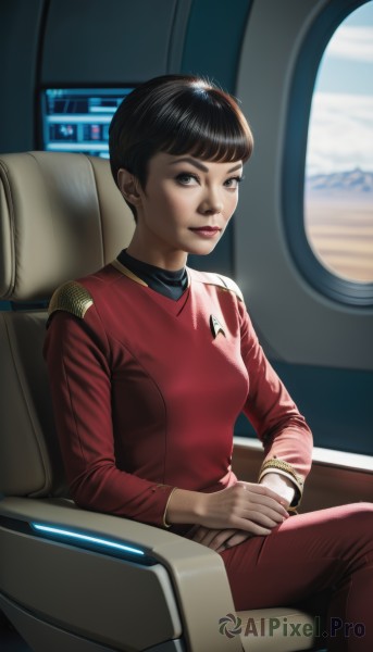 1girl,solo,breasts,looking at viewer,short hair,bangs,brown hair,black hair,long sleeves,brown eyes,jewelry,sitting,closed mouth,small breasts,pants,uniform,black eyes,bracelet,lips,military,military uniform,makeup,own hands together,lipstick,science fiction,realistic,nose,red pants,cockpit,window,chair,car interior,seat