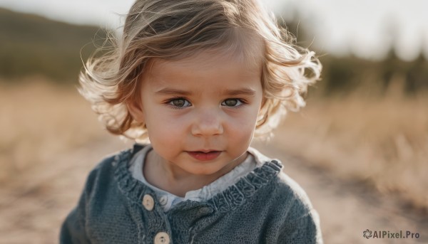 1girl,solo,looking at viewer,short hair,blonde hair,brown hair,shirt,dress,brown eyes,closed mouth,upper body,outdoors,tongue,tongue out,blurry,lips,buttons,depth of field,blurry background,wind,child,portrait,curly hair,realistic,female child,day,eyelashes