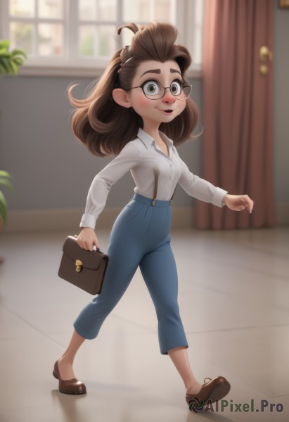 1girl,solo,long hair,breasts,looking at viewer,blush,smile,open mouth,brown hair,shirt,long sleeves,holding,brown eyes,full body,white shirt,small breasts,shoes,glasses,collared shirt,pants,indoors,bag,black footwear,blurry,black eyes,window,blurry background,brown footwear,thick eyebrows,suspenders,denim,curtains,freckles,walking,jeans,handbag,round eyewear,blue pants,female child,shirt tucked in,holding bag,brown bag,lips,plant,potted plant,high-waist pants