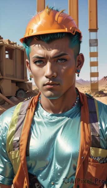 solo,looking at viewer,short hair,shirt,1boy,hat,brown eyes,jewelry,closed mouth,green eyes,upper body,short sleeves,male focus,earrings,outdoors,green hair,sky,day,necklace,vest,blue sky,lips,aqua hair,blue shirt,freckles,realistic,nose,overalls,orange headwear,desert,aqua shirt,hardhat,black hair,jacket,open clothes,open jacket,thick eyebrows,helmet,breast pocket,undercut,orange jacket