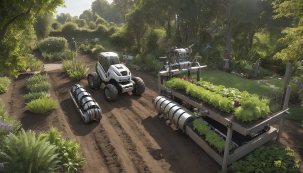 flower,outdoors,day,tree,no humans,shadow,sunlight,grass,plant,robot,ground vehicle,nature,scenery,mecha,motor vehicle,forest,science fiction,realistic,fence,road,bush,path,signature,military,car,rocket launcher,tire