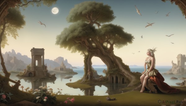 1girl,solo,long hair,breasts,brown hair,dress,bare shoulders,sitting,flower,outdoors,sky,barefoot,water,cape,tree,strapless,bird,moon,grass,building,nature,scenery,strapless dress,full moon,rock,fantasy,sun,ruins,river,castle,landscape,lake,white hair,day,ocean,mushroom