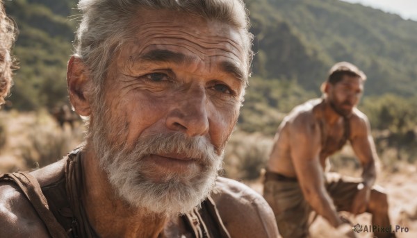 looking at viewer,closed mouth,weapon,white hair,male focus,outdoors,multiple boys,2boys,blurry,depth of field,blurry background,facial hair,tank top,beard,realistic,mustache,manly,old,old man,short hair,1boy,sitting,grey hair,day,black eyes,parody,thick eyebrows,portrait,wrinkled skin