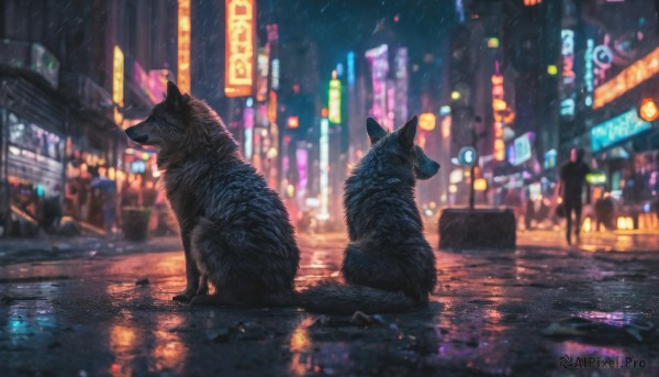 outdoors, signature, blurry, no humans, night, blurry background, animal, cat, building, reflection, rain, city, city lights, neon lights