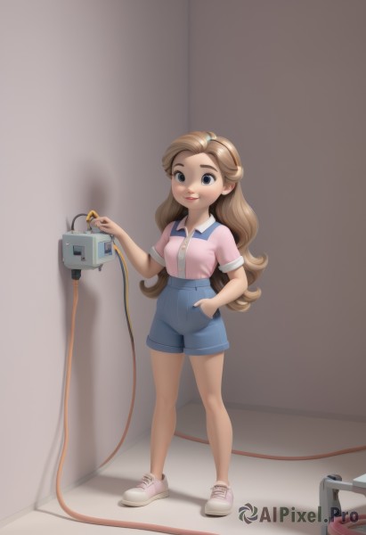 1girl,solo,long hair,breasts,smile,blue eyes,brown hair,shirt,closed mouth,standing,full body,short sleeves,small breasts,shoes,shorts,collared shirt,black eyes,lips,loli,short shorts,buttons,suspenders,denim,sneakers,child,blue shorts,denim shorts,pink shirt,hand in pocket,pink footwear,female child,cable,suspender shorts,high-waist shorts,looking at viewer,indoors,legs,shadow,white footwear