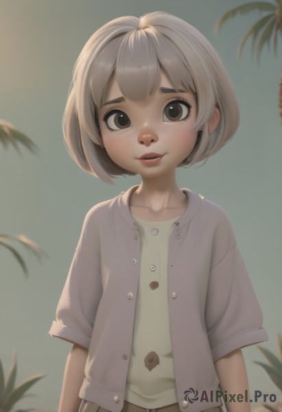 1girl,solo,looking at viewer,smile,short hair,open mouth,bangs,skirt,brown hair,shirt,brown eyes,collarbone,jacket,white shirt,upper body,short sleeves,grey hair,outdoors,parted lips,open clothes,teeth,artist name,blurry,tree,lips,buttons,bob cut,thick eyebrows,child,freckles,brown skirt,arms at sides,female child,blush,watermark,web address,realistic,nose