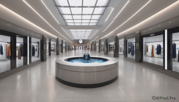 jacket,indoors,water,no humans,window,scenery,reflection,door,clock,tiles,tile floor,tile wall,ceiling,sink,ceiling light,reflective floor,washing machine,wooden floor,locker