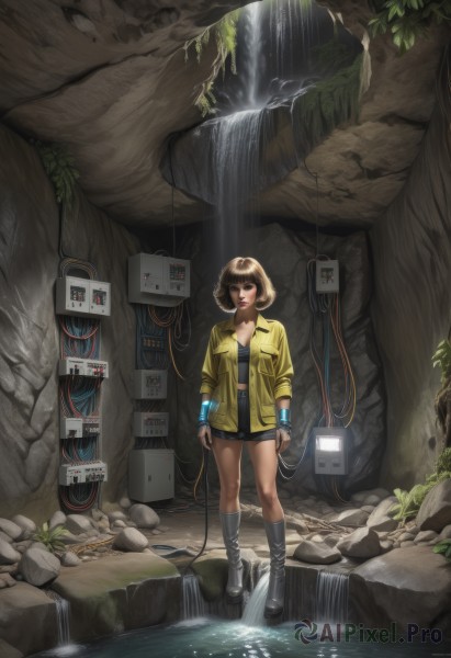 1girl,solo,breasts,looking at viewer,short hair,brown hair,cleavage,brown eyes,medium breasts,standing,jacket,boots,open clothes,shorts,socks,midriff,fingerless gloves,water,black footwear,open jacket,lips,kneehighs,short shorts,black shorts,plant,scenery,science fiction,rock,cable,yellow jacket,cyborg,waterfall,bangs,blue eyes,shirt,long sleeves,navel,jewelry,collarbone,full body,small breasts,leaf,bob cut,knee boots,realistic,nose,ruins,grey footwear,moss,industrial pipe,machine