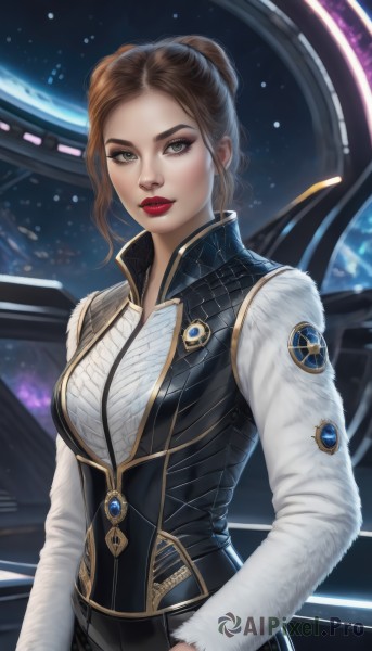 1girl,solo,breasts,looking at viewer,short hair,brown hair,long sleeves,brown eyes,jewelry,medium breasts,upper body,parted lips,hair bun,vest,lips,fur trim,makeup,lipstick,gem,eyeshadow,red lips,space,planet,earth (planet),shirt,green eyes,standing,white shirt,artist name,signature,grey eyes,single hair bun,freckles,science fiction,high collar,realistic,nose,emblem