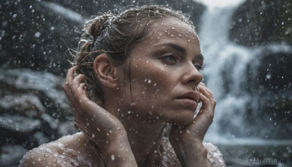 1girl, solo, short hair, brown hair, blurry, lips, blurry background, looking away, snow, snowing, realistic, nose, hands on own face