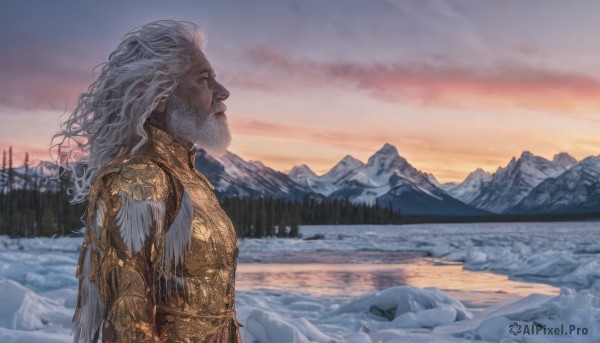 solo,long hair,1boy,closed mouth,upper body,white hair,grey hair,male focus,outdoors,sky,cloud,water,armor,from side,tree,profile,facial hair,shoulder armor,nature,scenery,beard,snow,forest,pauldrons,sunset,breastplate,mountain,fantasy,looking afar,old,old man,river,mountainous horizon,lake,signature,winter,twilight,gradient sky,orange sky,purple sky