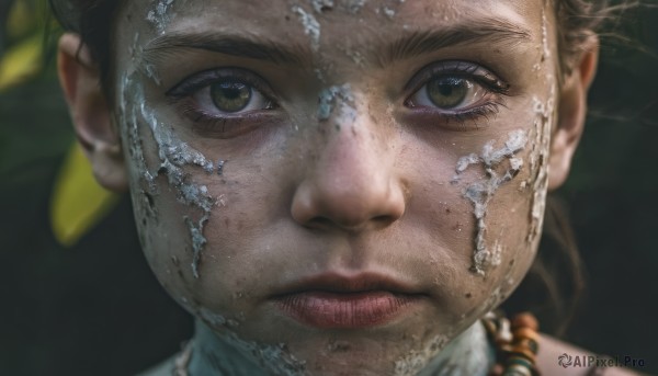 1girl,solo,looking at viewer,brown hair,black hair,brown eyes,jewelry,closed mouth,water,necklace,mole,blurry,lips,eyelashes,portrait,close-up,freckles,reflection,realistic,nose,straight-on,green eyes