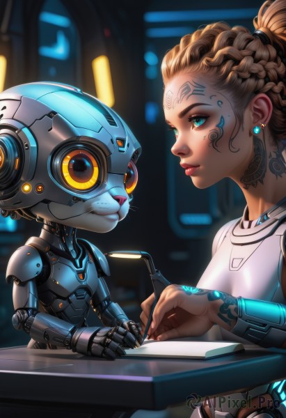 1girl,blue eyes,brown hair,holding,jewelry,sitting,ponytail,braid,earrings,dark skin,blurry,looking at another,aqua eyes,dark-skinned female,lips,tattoo,makeup,blurry background,facial mark,robot,mecha,french braid,science fiction,nose,android,pen,stud earrings,joints,mechanical arms,cyborg,hair pulled back,single mechanical arm,robot joints,holding pen,writing,cyberpunk,mechanical parts,dreadlocks,humanoid robot,breasts,multiple girls,blonde hair,2girls,yellow eyes,glowing,piercing,crossover,eye contact,colored sclera,facepaint,pencil,facial tattoo,yellow sclera,neck tattoo,holding pencil,blue sclera,hologram