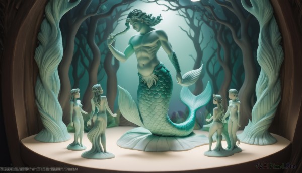 long hair,breasts,short hair,multiple girls,black hair,1boy,navel,jewelry,medium breasts,nude,pointy ears,artist name,tree,4girls,watermark,5girls,monster girl,nature,web address,forest,scales,mermaid,head fins,statue,monster boy,brown hair,holding,sitting,nipples,standing,ass,small breasts,water,completely nude,6+girls,lamia,fins