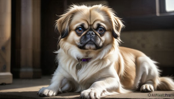 HQ,solo,looking at viewer,blue eyes,closed mouth,full body,indoors,blurry,collar,no humans,window,animal,dog,realistic,animal focus,animal collar,brown eyes,lying,signature,watermark,on stomach,box,web address,cardboard box,deviantart username