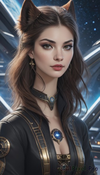 1girl,solo,long hair,breasts,looking at viewer,brown hair,animal ears,cleavage,brown eyes,jewelry,medium breasts,closed mouth,jacket,upper body,earrings,open clothes,choker,artist name,cat ears,lips,black jacket,makeup,forehead,freckles,realistic,nose,red lips,space,planet,thick eyebrows