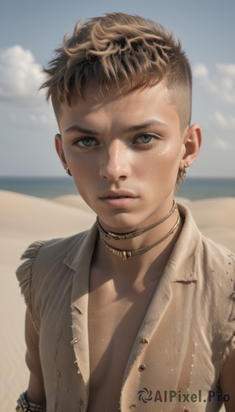 solo,looking at viewer,short hair,blonde hair,brown hair,1boy,jewelry,closed mouth,upper body,male focus,earrings,outdoors,sky,day,cloud,necklace,blurry,vest,blue sky,lips,grey eyes,blurry background,beach,piercing,armlet,freckles,realistic,nose,sand,very short hair,desert,1girl,parted lips,open clothes,undercut,mohawk