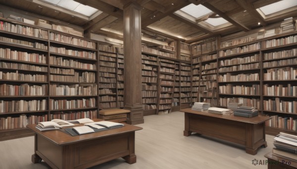 indoors,book,no humans,chair,table,sunlight,scenery,desk,light rays,wooden floor,paper,open book,bookshelf,shelf,book stack,library,ladder,window,ceiling