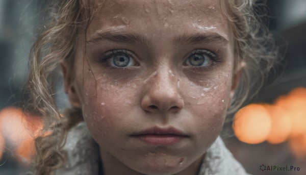 1girl, solo, looking at viewer, blue eyes, blonde hair, closed mouth, blurry, lips, grey eyes, eyelashes, depth of field, blurry background, portrait, close-up, realistic, nose, bokeh