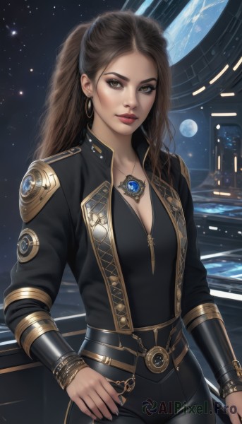 1girl,solo,long hair,breasts,looking at viewer,brown hair,long sleeves,cleavage,brown eyes,jewelry,medium breasts,closed mouth,standing,jacket,ponytail,cowboy shot,earrings,open clothes,sky,belt,pants,signature,necklace,lips,black jacket,hand on hip,bodysuit,makeup,night,black pants,moon,lipstick,star (sky),night sky,pendant,eyeshadow,starry sky,science fiction,gold trim,hoop earrings,realistic,nose,red lips,eyeliner,space,planet,earth (planet)