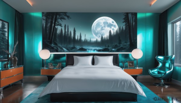 sky,indoors,tree,pillow,book,no humans,window,bed,night,chair,moon,table,plant,curtains,nature,night sky,scenery,full moon,forest,reflection,wooden floor,lamp,bedroom,stool,moonlight,cup,shelf,vase