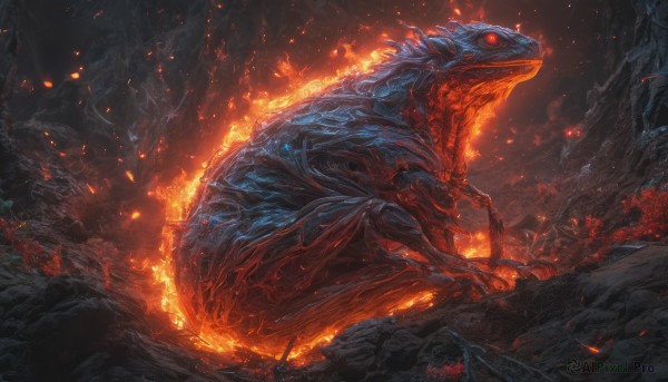 open mouth, red eyes, teeth, no humans, glowing, fire, sharp teeth, glowing eyes, monster, rock, embers, molten rock, kaijuu