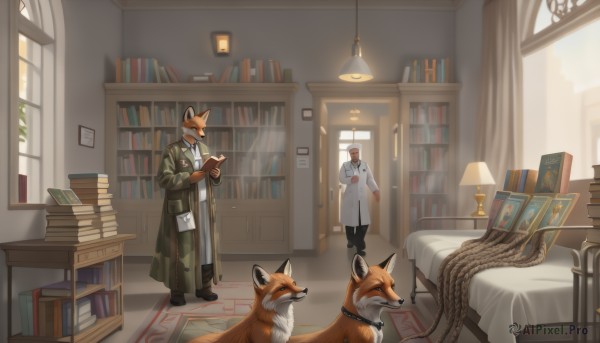 shirt,long sleeves,1boy,holding,standing,tail,white shirt,male focus,multiple boys,glasses,pants,indoors,2boys,collar,coat,book,window,bed,animal,chair,table,curtains,furry,holding book,dog,labcoat,bookshelf,lamp,fox,library,ladder,doctor,short hair,brown hair,gloves,animal ears,jacket,full body,necktie,shoes,day,collared shirt,dark skin,black footwear,looking at another,pillow,mask,facial hair,on bed,black pants,plant,black necktie,beard,walking,hand in pocket,paper,open book,mouth mask,white coat,reading,wide shot,book stack,newspaper,carpet