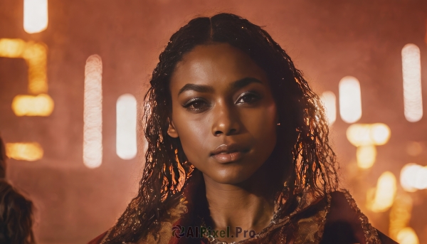 1girl,solo,long hair,looking at viewer,brown hair,black hair,brown eyes,jewelry,upper body,parted lips,solo focus,dark skin,necklace,blurry,dark-skinned female,lips,blurry background,portrait,forehead,curly hair,realistic,nose,very dark skin,dreadlocks,earrings,depth of field,thick eyebrows,close-up