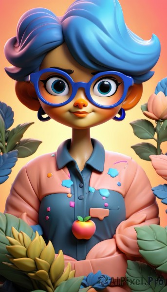 1girl,solo,looking at viewer,smile,short hair,blue eyes,shirt,jewelry,closed mouth,blue hair,upper body,flower,earrings,food,glasses,collared shirt,artist name,dark skin,dark-skinned female,lips,gradient,gradient background,eyelashes,makeup,fruit,leaf,watermark,blue shirt,lipstick,eyeshadow,blue flower,hoop earrings,orange background,apple,peach,blue-framed eyewear,blue lips,blue eyeshadow