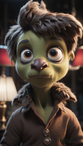 solo,looking at viewer,smile,brown hair,shirt,black hair,1boy,brown eyes,jewelry,closed mouth,upper body,male focus,necklace,blurry,blurry background,colored skin,child,furry,lamp,male child,green skin,kappa,short hair,jacket,artist name,lips,fur trim,buttons,depth of field,bird,thick eyebrows,feathers,brown jacket,realistic