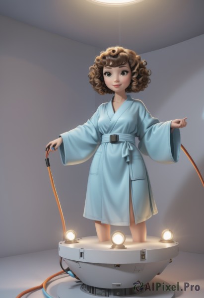 1girl,solo,looking at viewer,smile,short hair,brown hair,long sleeves,holding,brown eyes,closed mouth,standing,belt,indoors,wide sleeves,lips,science fiction,curly hair,robe,light,cable,spotlight,electric plug,bathrobe,breasts,collarbone,small breasts,nail polish,watermark,web address