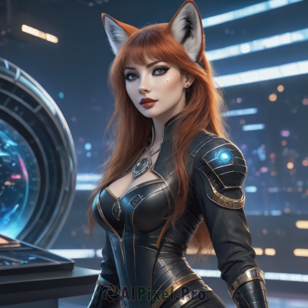 1girl,solo,long hair,breasts,looking at viewer,bangs,blue eyes,large breasts,brown hair,animal ears,cleavage,jewelry,medium breasts,green eyes,upper body,earrings,parted lips,artist name,indoors,cat ears,necklace,orange hair,armor,mole,blurry,lips,fox ears,mole under eye,bodysuit,makeup,blurry background,lipstick,pendant,freckles,red lips,blush,red hair,fox girl,zipper,realistic,black bodysuit