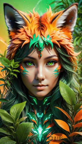 1girl,solo,long hair,looking at viewer,black hair,animal ears,jewelry,closed mouth,green eyes,earrings,green hair,artist name,cat ears,dark skin,lips,animal ear fluff,fox ears,eyelashes,makeup,glowing,leaf,watermark,facial mark,plant,slit pupils,gem,portrait,web address,freckles,nose,orange hair,glowing eyes,light particles,close-up,realistic