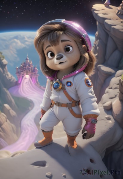 1girl,solo,long hair,looking at viewer,smile,brown hair,gloves,animal ears,brown eyes,closed mouth,standing,full body,boots,outdoors,sky,belt,star (symbol),moon,thick eyebrows,child,star (sky),furry,1other,starry sky,furry female,female child,space,planet,castle,earth (planet),spacecraft,spacesuit,space helmet,astronaut,short hair,long sleeves,bodysuit,helmet,freckles,realistic,brown fur