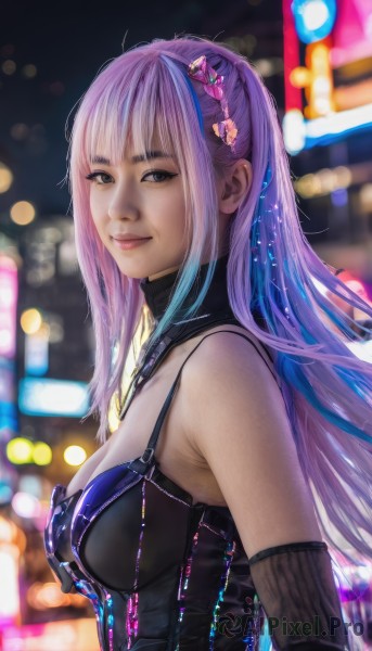 1girl,solo,long hair,breasts,looking at viewer,smile,bangs,hair ornament,gloves,cleavage,bare shoulders,medium breasts,closed mouth,blue hair,upper body,pink hair,purple hair,multicolored hair,detached sleeves,elbow gloves,blurry,black eyes,from side,two-tone hair,lips,blurry background,realistic,nose,dress,jewelry,sleeveless,artist name,necklace,black dress,grey eyes,depth of field,turtleneck