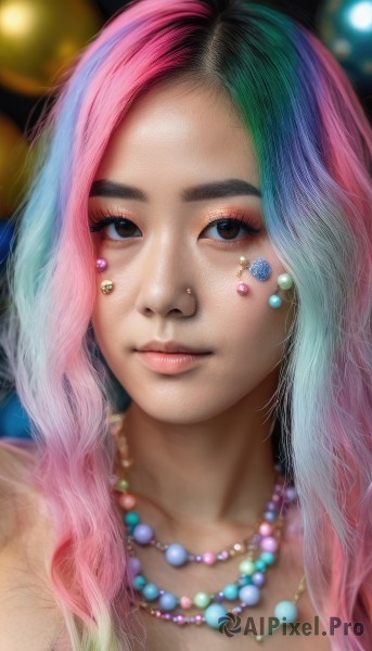 1girl,solo,long hair,looking at viewer,brown eyes,jewelry,closed mouth,blue hair,collarbone,pink hair,multicolored hair,necklace,blurry,black eyes,two-tone hair,lips,eyelashes,gradient hair,makeup,depth of field,blurry background,portrait,eyeshadow,freckles,beads,realistic,nose,pearl necklace,mascara,rainbow hair,artist name,watermark,wavy hair,piercing