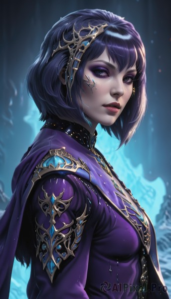 1girl,solo,breasts,looking at viewer,short hair,bangs,black hair,hair ornament,dress,jewelry,closed mouth,purple eyes,upper body,purple hair,small breasts,parted lips,artist name,signature,cape,blurry,from side,lips,eyelashes,makeup,blurry background,facial mark,bob cut,lipstick,gem,purple dress,eyeshadow,nose,red lips,eyeliner,mascara,purple eyeshadow,blue eyes,blue hair,realistic,au ra,hyur