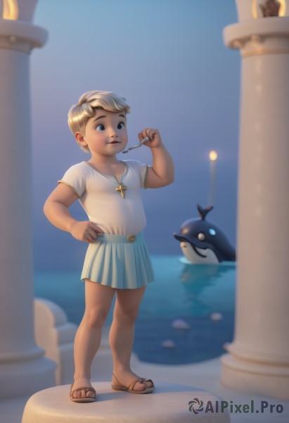 1girl,solo,looking at viewer,short hair,blue eyes,skirt,blonde hair,shirt,1boy,holding,jewelry,standing,full body,white shirt,short sleeves,male focus,pleated skirt,outdoors,water,necklace,blurry,blue skirt,hand on hip,toes,blurry background,sandals,cross,child,female child,male child,cross necklace,pillar,flip-flops,holding jewelry,smile,teeth,night,bird,fat,lamppost