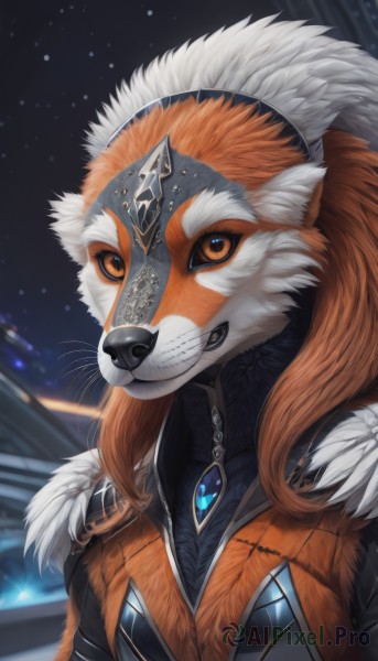 1girl,solo,long hair,breasts,looking at viewer,jewelry,upper body,outdoors,sky,orange hair,armor,orange eyes,fur trim,no humans,night,animal,gem,star (sky),night sky,furry,fur collar,furry female,white fur,fur,whiskers,orange fur,brown eyes,artist name,portrait,zipper,starry sky,colored sclera,alien,snout