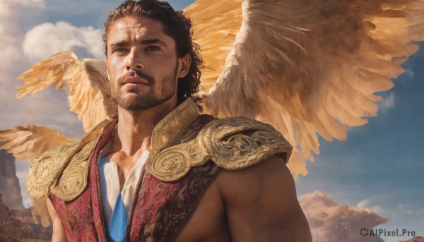 solo,looking at viewer,short hair,brown hair,black hair,1boy,brown eyes,closed mouth,upper body,male focus,outdoors,wings,sky,day,cloud,dark skin,armor,blue sky,lips,muscular,facial hair,scar,dark-skinned male,cloudy sky,feathers,feathered wings,beard,scar on face,angel wings,realistic,white wings,angel,manly,sunlight,pectorals,muscular male,shoulder armor,bara,mature male,scar across eye