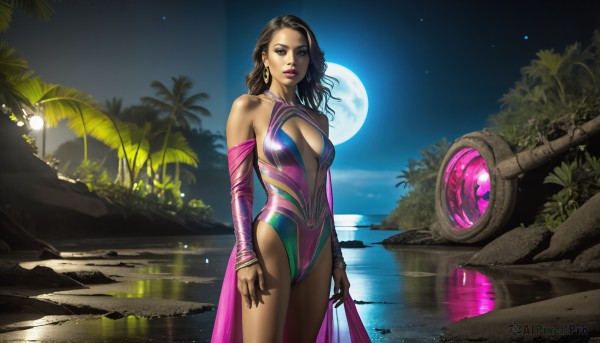 HQ,1girl,solo,long hair,breasts,looking at viewer,brown hair,black hair,cleavage,bare shoulders,brown eyes,jewelry,medium breasts,standing,swimsuit,earrings,outdoors,detached sleeves,sky,dark skin,water,leotard,dark-skinned female,tree,lips,one-piece swimsuit,makeup,night,highleg,moon,lipstick,star (sky),night sky,full moon,reflection,science fiction,realistic,center opening,palm tree,bracelet,ground vehicle,motor vehicle